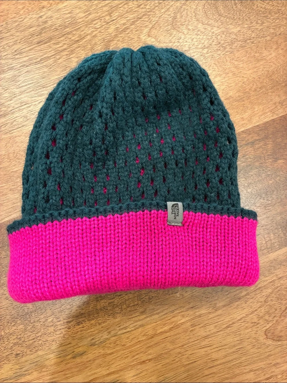 The North Face Teal Knit Beanie with Pink Accents